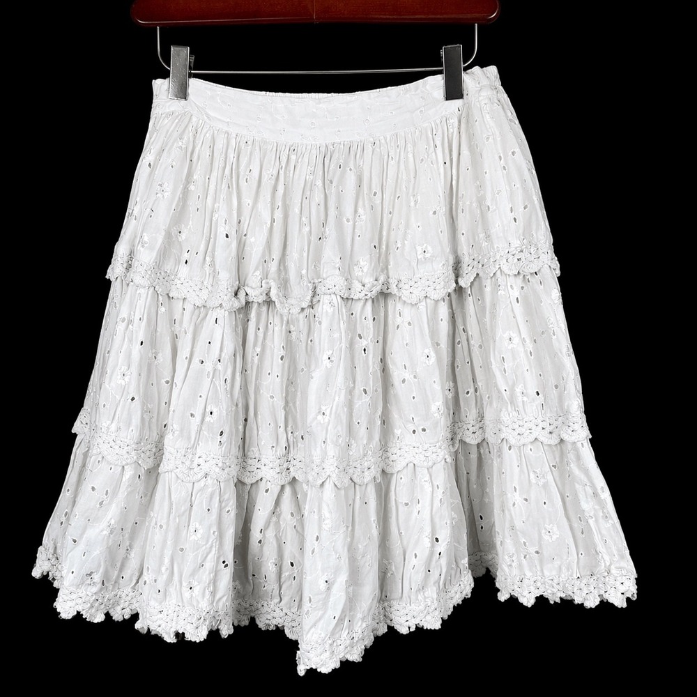 Vtg Womens Skirt Sz M Cotton Eyelet Cottage Coquette Boho Feminine Tiered Full
